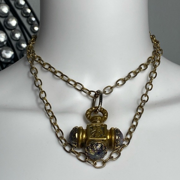 Antique Jewelry - Antique 18th-century brass Italian Etruscan fob charm necklace 38”